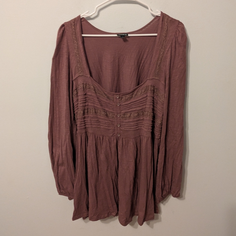 Torrid Rose Taupe Cotton Modal Slub Square Neck Pintuck Long Sleeve Top Size 2X